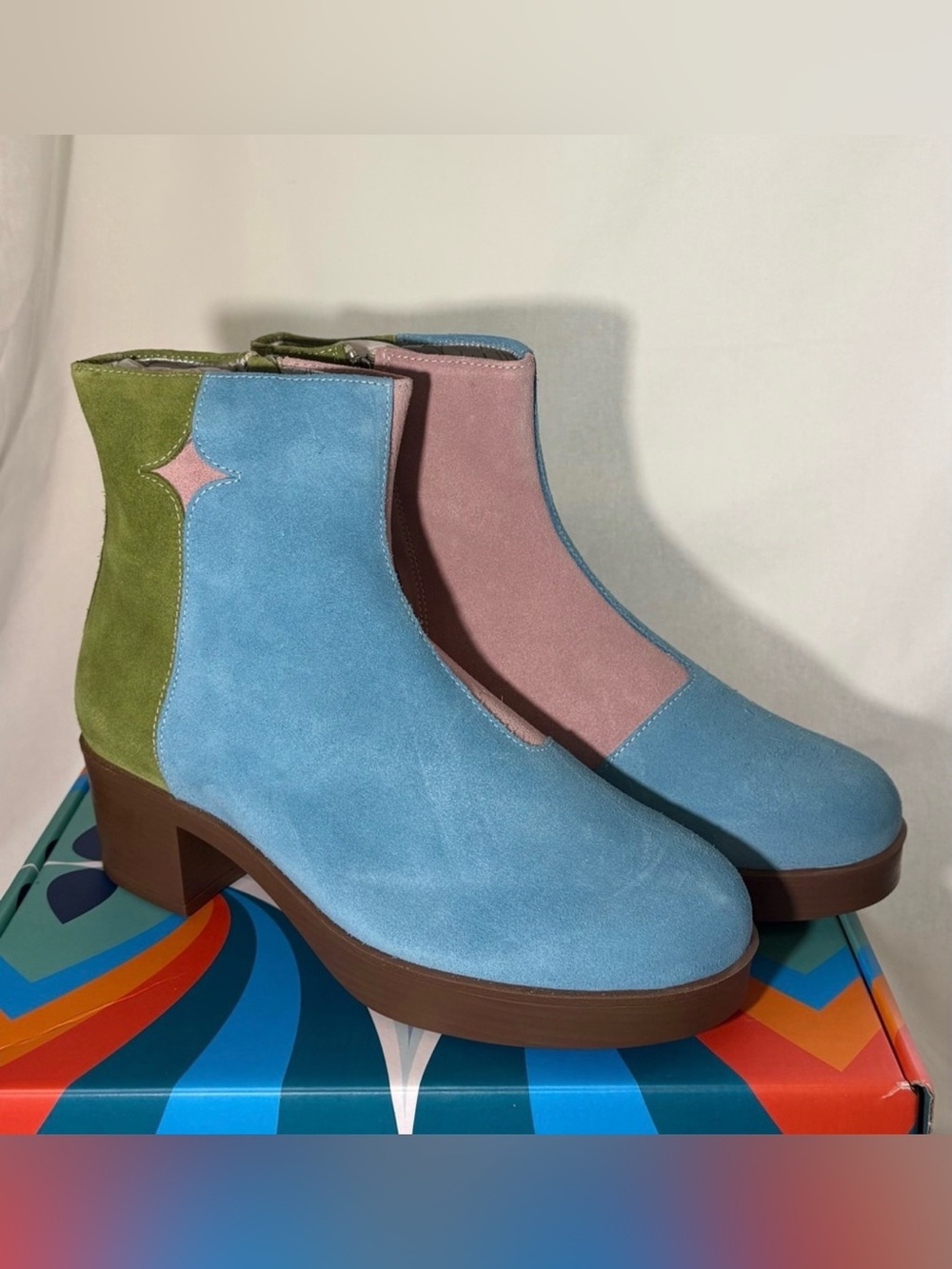 Laze Luna Suede Leather Colorblock Ankle Boots - Blue, Pink & Green